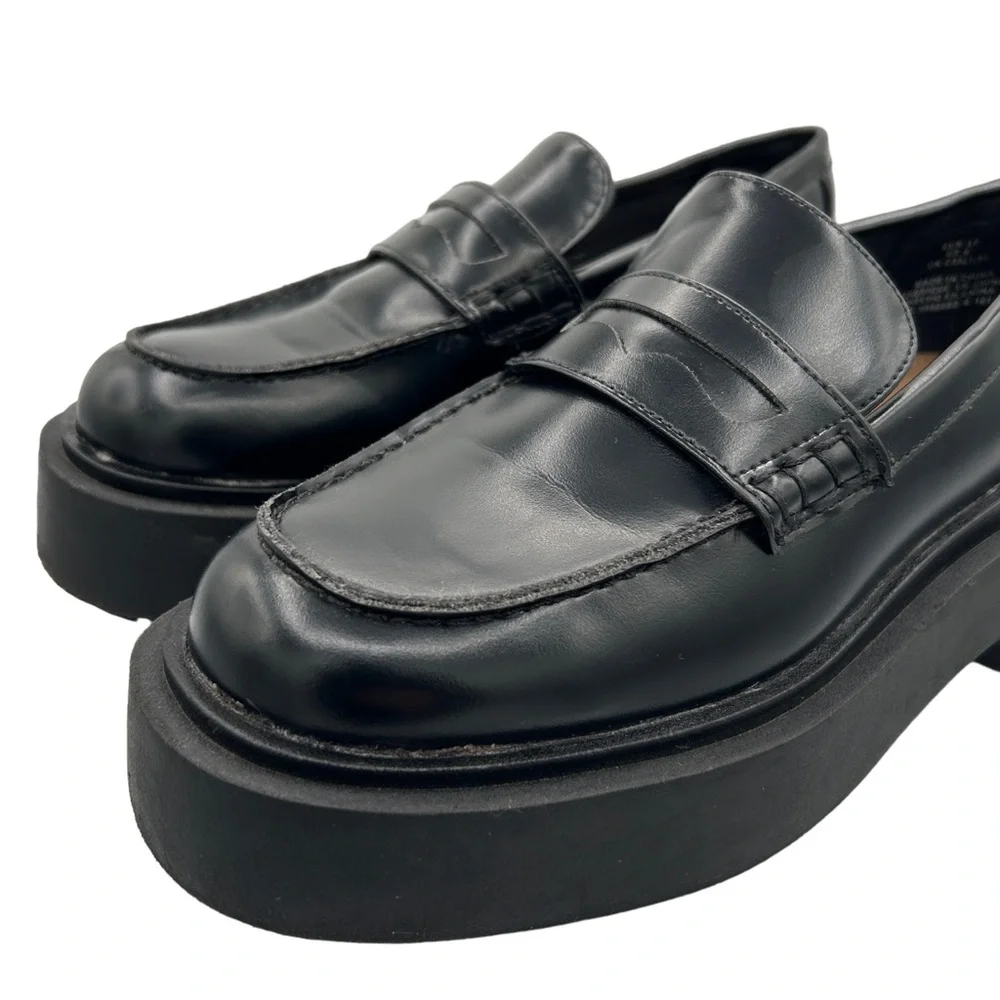 H&M Black Faux Leather Chunky Platform Preppy‎ Slip On Penny Loafers (6)